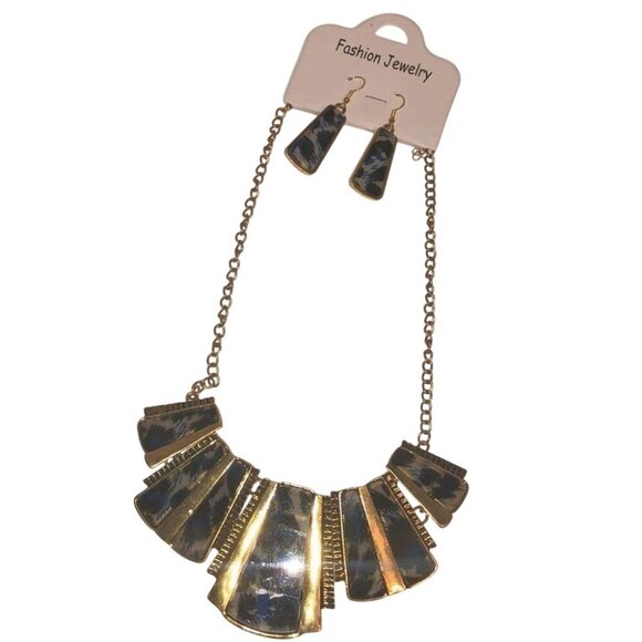 Bohemian Bib Necklace & Earrings Set Gold Chain Blue Printed Resin Alloy - Picture 2 of 6